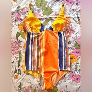 Vintage 70s Striped One-Piece Lycra Swimsuit – Retro Sunshine Colors